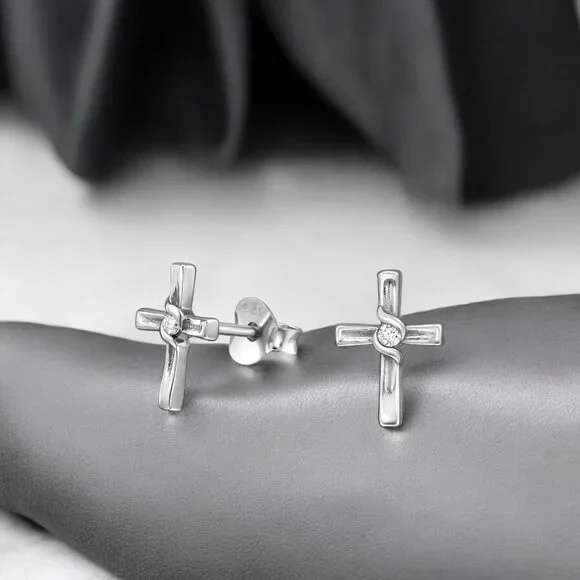 Sterling Silver Cross Diamond Stud Earrings 925 Rhodium Plated Minimalist Jewelr - Picture 1 of 4